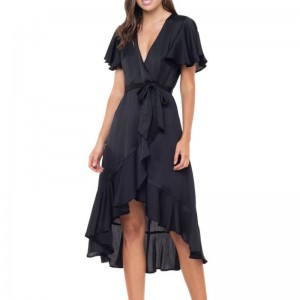 女性ブラックダブルフリルラップロングドレス