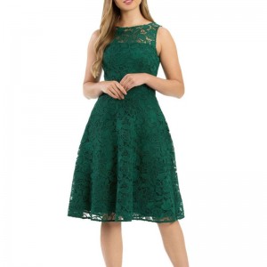 レディファッションノースリーブグリーンミディレースドレス