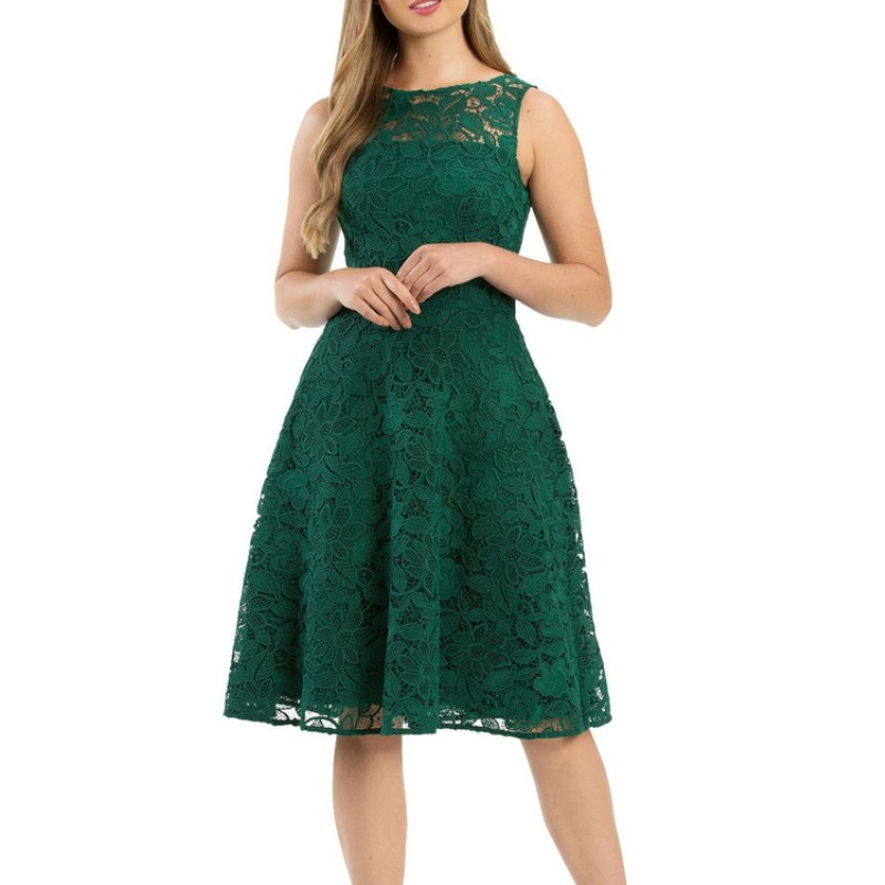 レディファッションノースリーブグリーンミディレースドレス